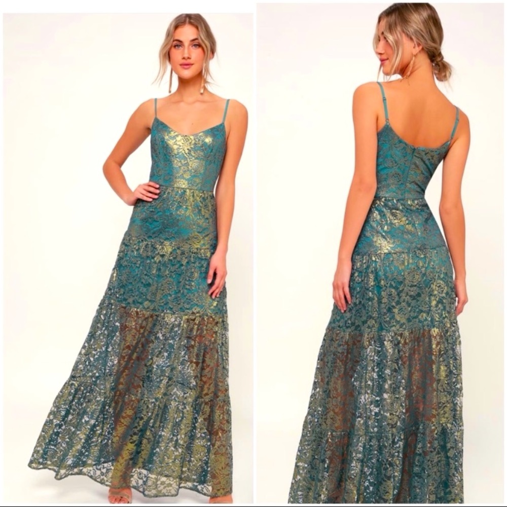 Dress the Population - Antoinette Teal and Gold Metallic Lace Maxi Dress. NWT.